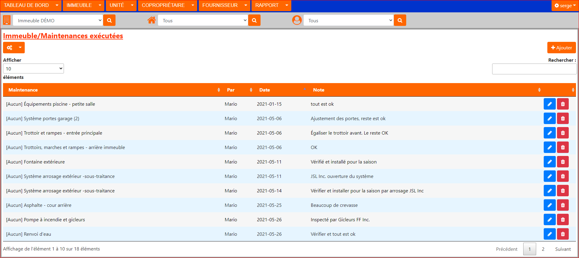 Maintenances exécutées